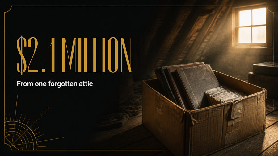 A cardboard box of old card binders in a sunlit attic, with the headline $2.1 million from one forgotten attic