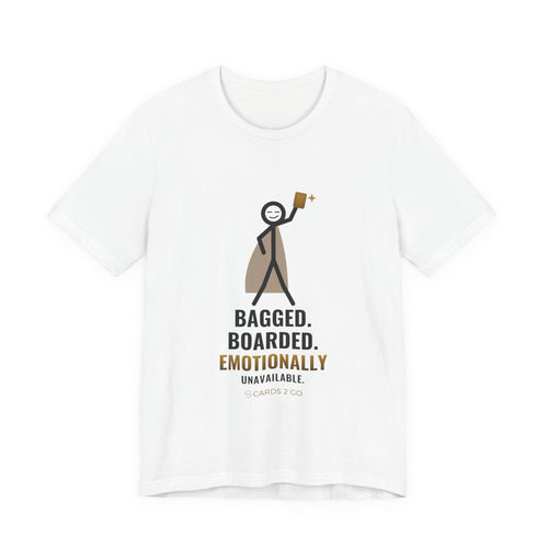 Bagged, Boarded & Emotionally Unavailable Illustrated Tee – funny trading card t-shirt by Cards2Go